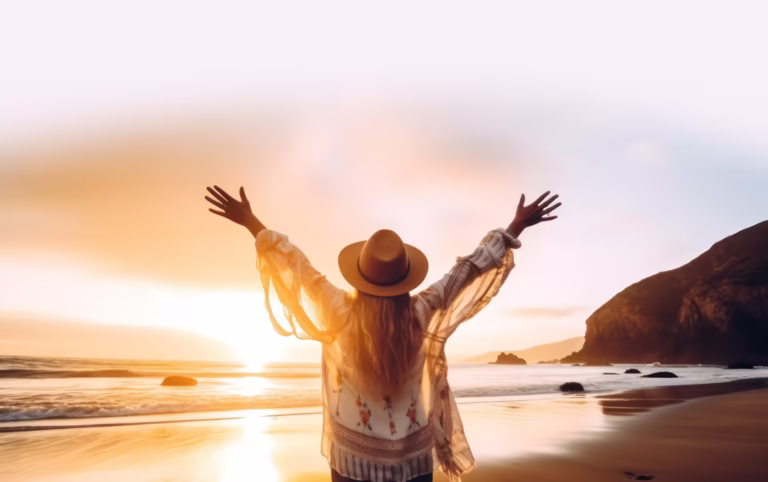 Woman with arms in air